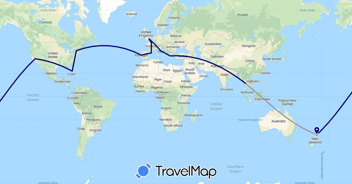 TravelMap itinerary: driving, plane in Spain, France, United Kingdom, Greece, Italy, New Zealand, Portugal, Thailand, Turkey, United States (Asia, Europe, North America, Oceania)